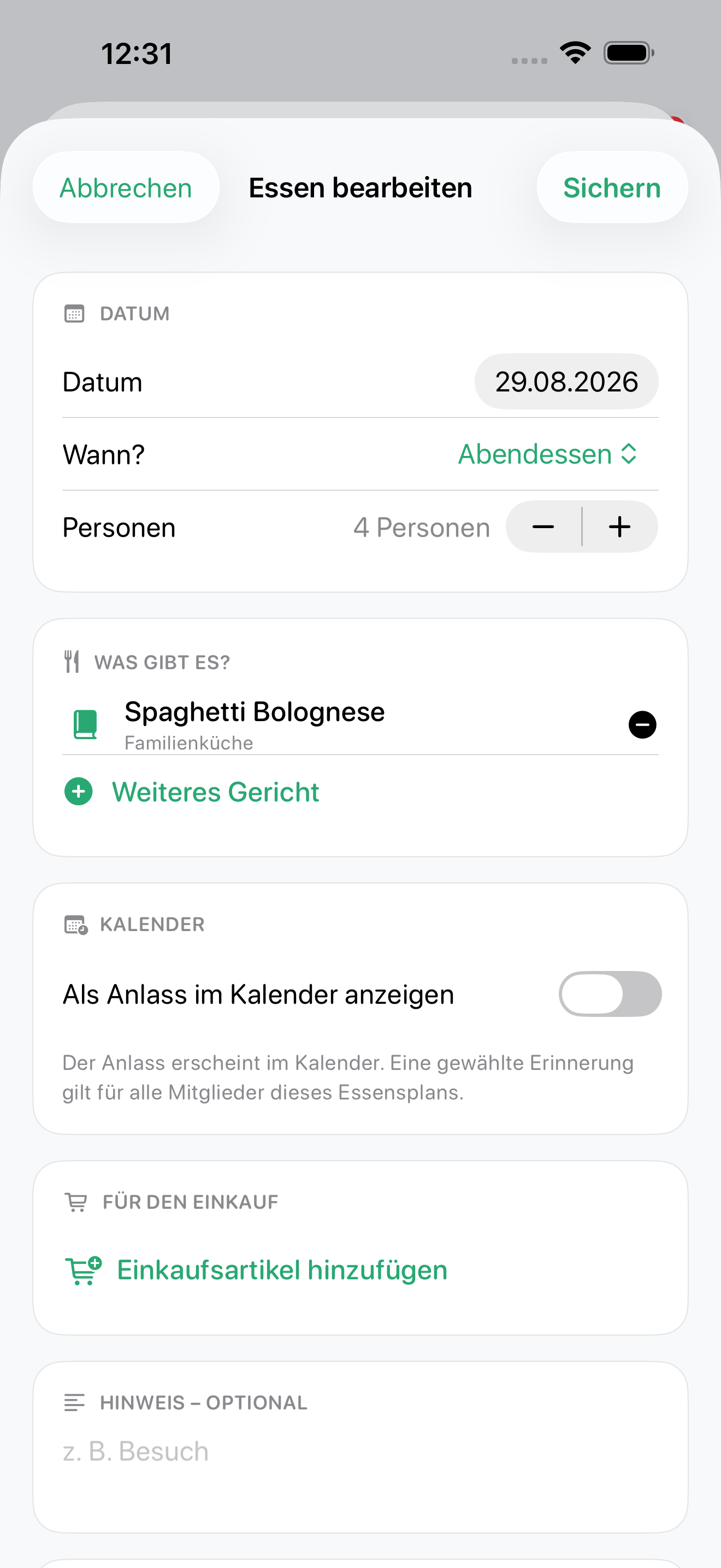 Ein Essen bearbeiten auf dem iPhone